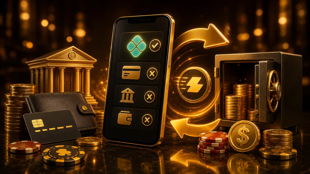 Comparação visual entre pagamento instantâneo, carteira e cartão com moedas e fichas